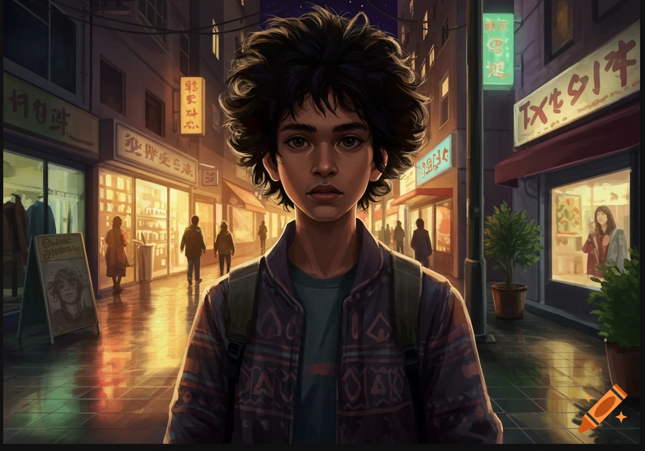 A young person with curly dark hair and a backpack stands on a wet, reflective city street at dusk, surrounded by illuminated storefronts and neon signs.