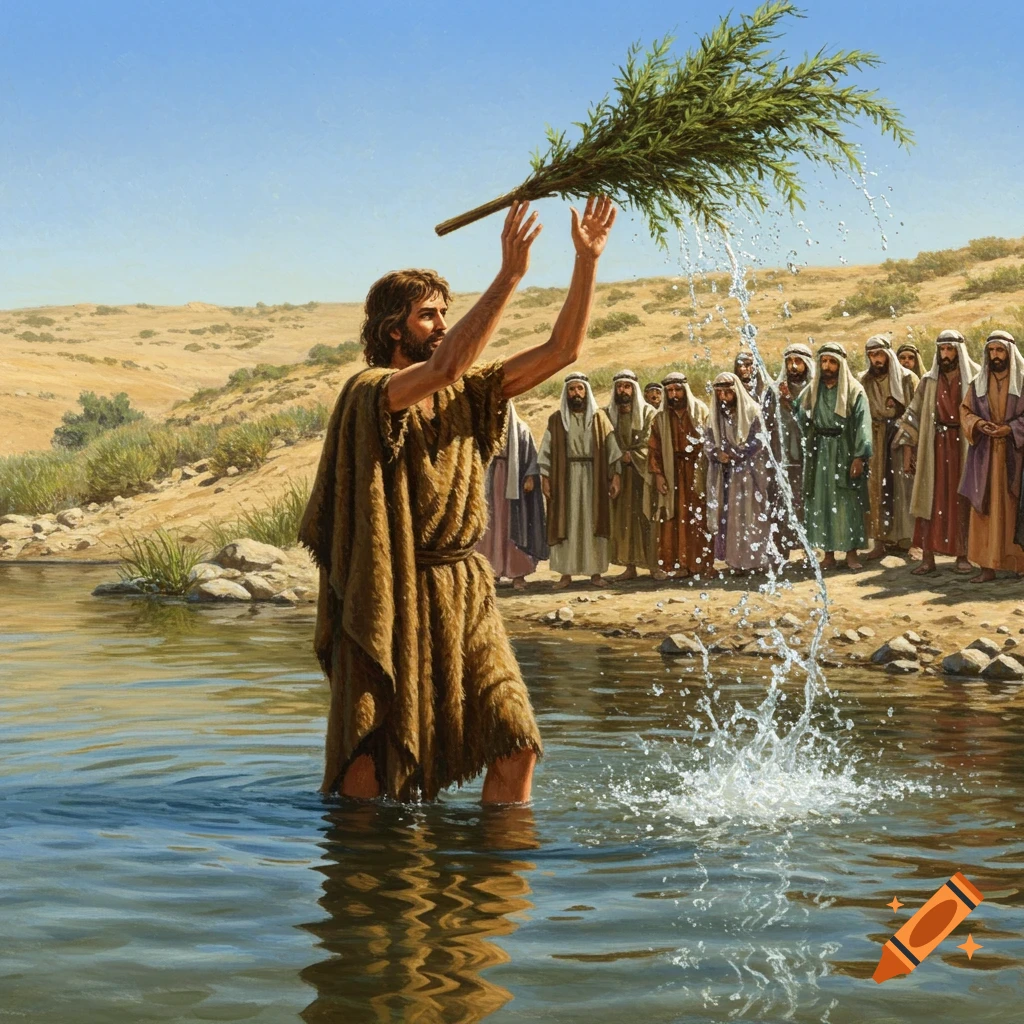 John the Baptist in a desert river sprinkles water over a crowd of people watching from the bank, depicted in a digital painting.