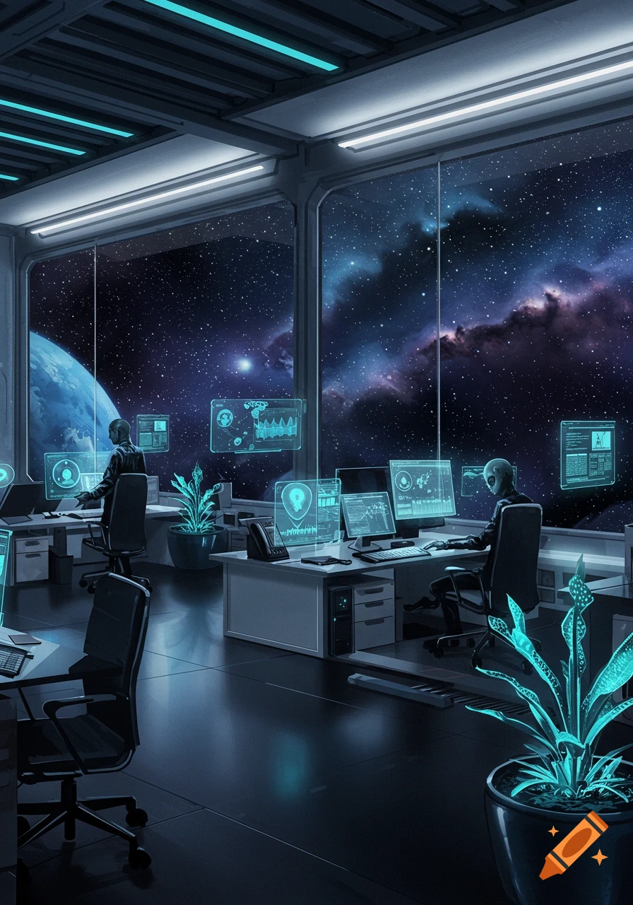 A futuristic corporate office in space, with people and an alien working at desks overlooking a planet and nebula through large windows.