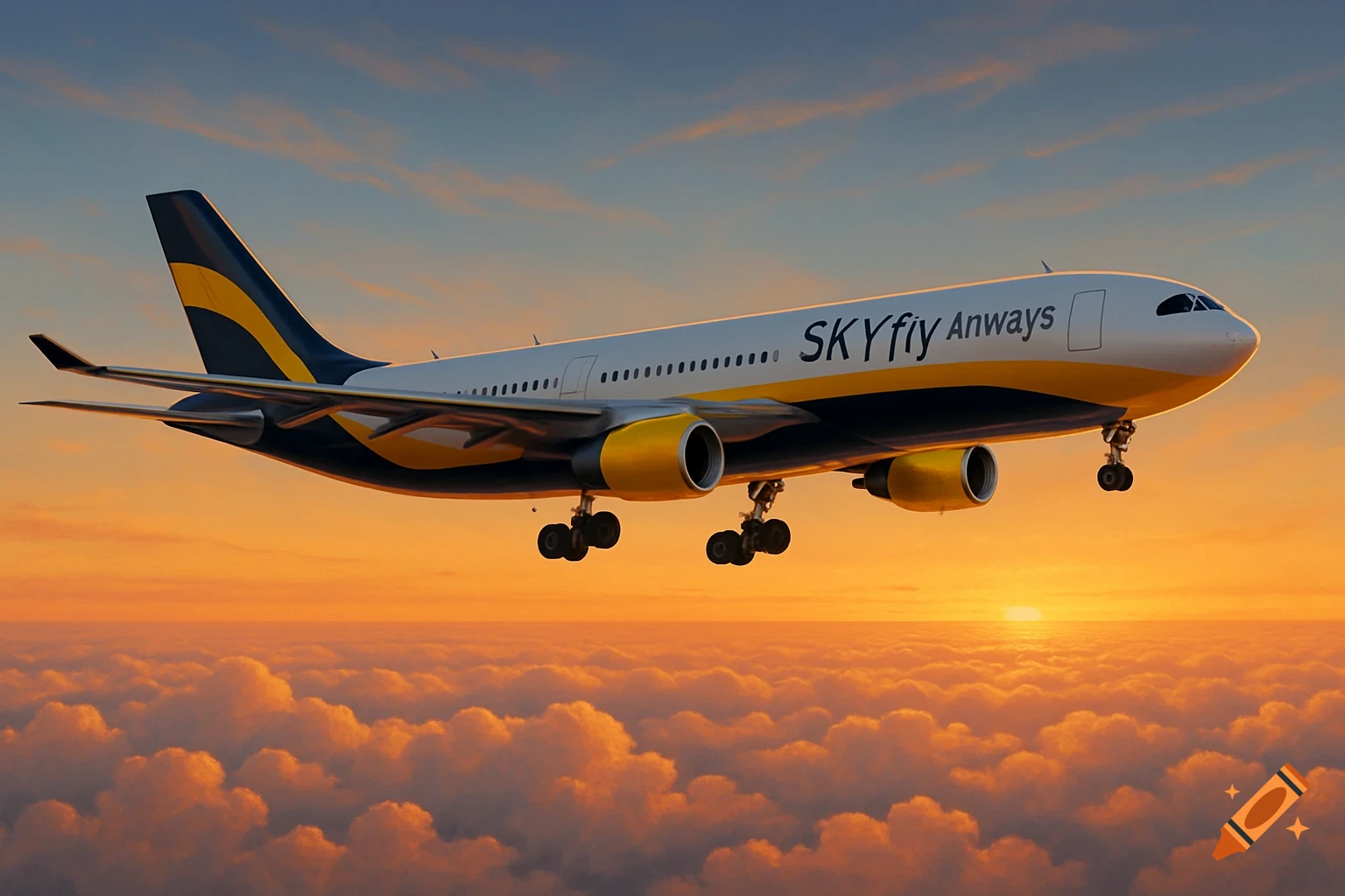 A photorealistic airplane with "SKYfly Anways" text flying above clouds during a golden sunset.