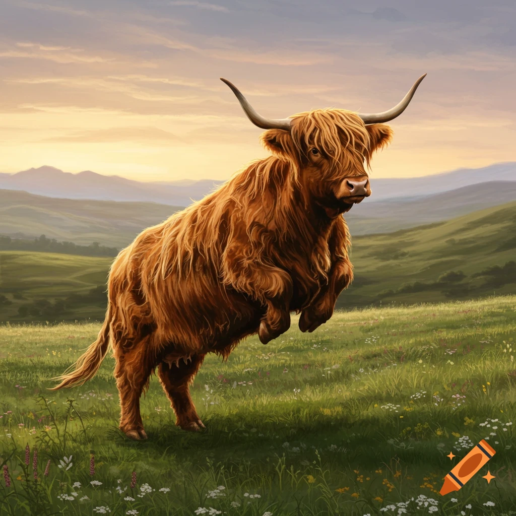 A shaggy brown Highland cow with long horns jumps in a green field under a sunset sky.