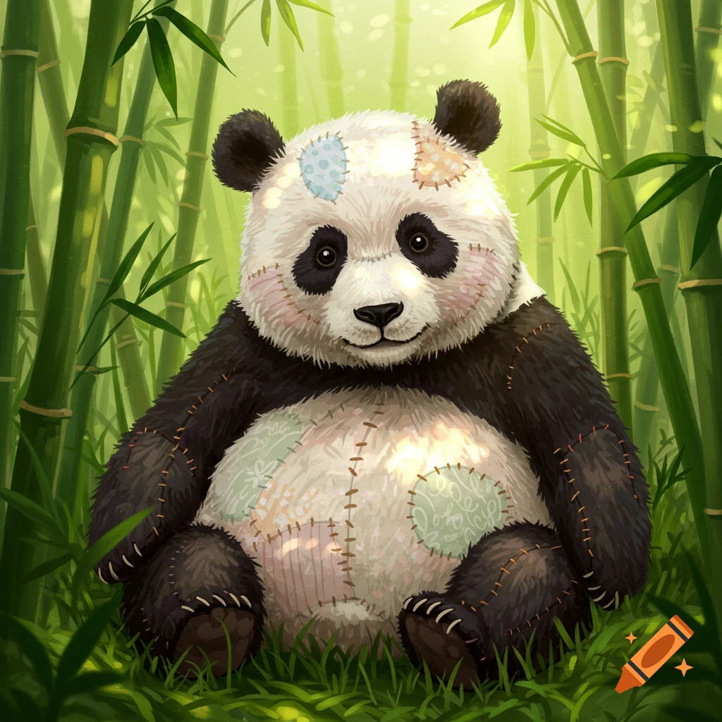 A cute, patched-up panda plush toy sitting in a vibrant green bamboo forest in an illustrated style.