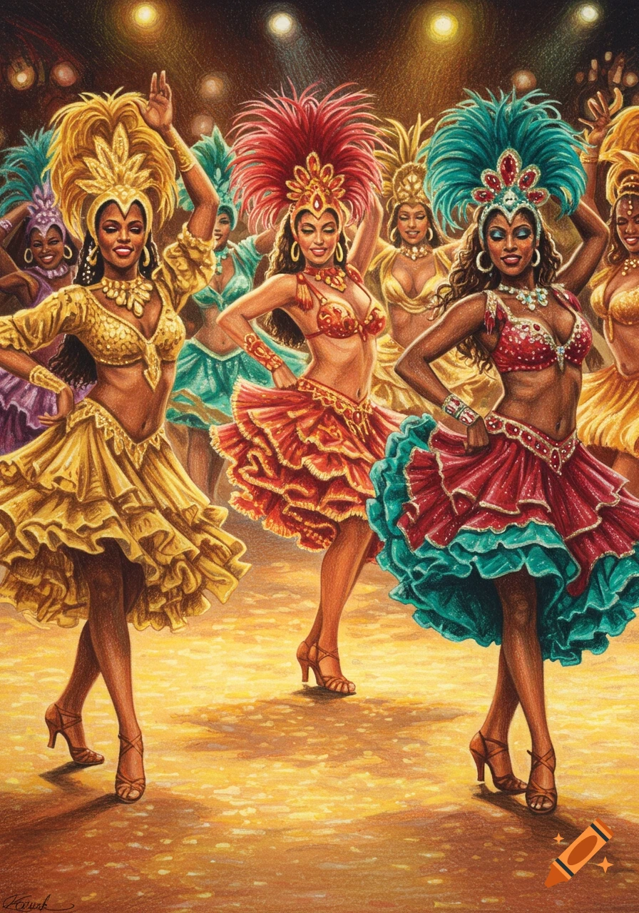 Vibrant illustration of women in elaborate, feathered and ruffled samba costumes dancing under golden lights.