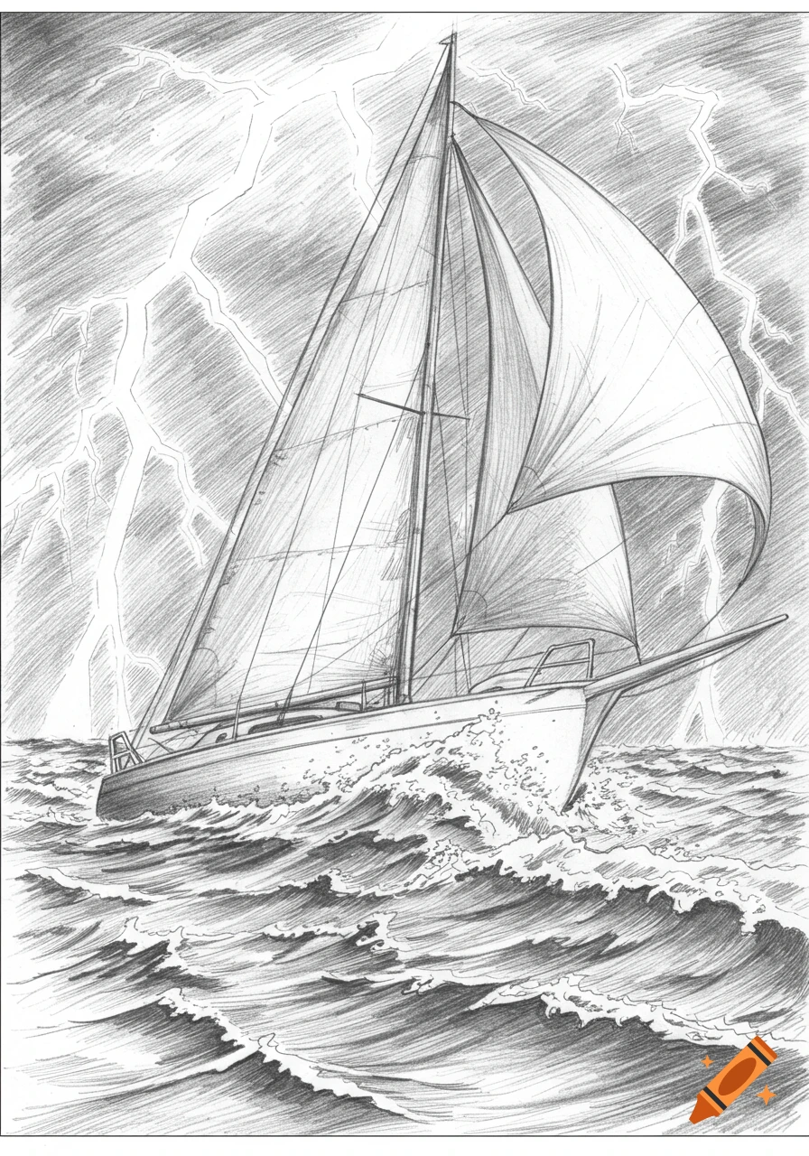 A detailed pencil sketch of a sailboat with sails unfurled, navigating large waves during a stormy lightning sky.
