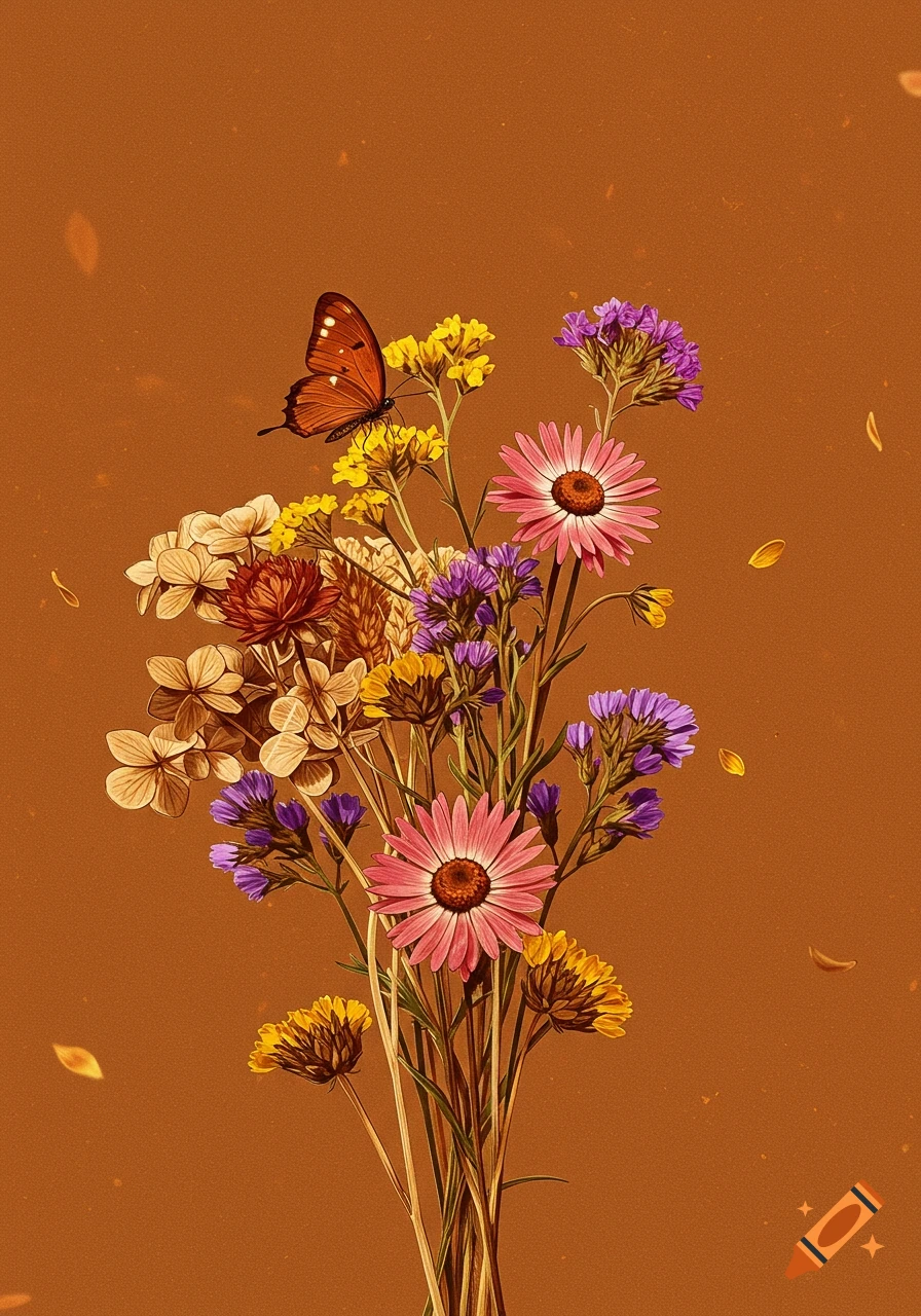 A brown butterfly perches on a bouquet of pink, yellow, and purple wildflowers and dried flowers against a textured caramel background.