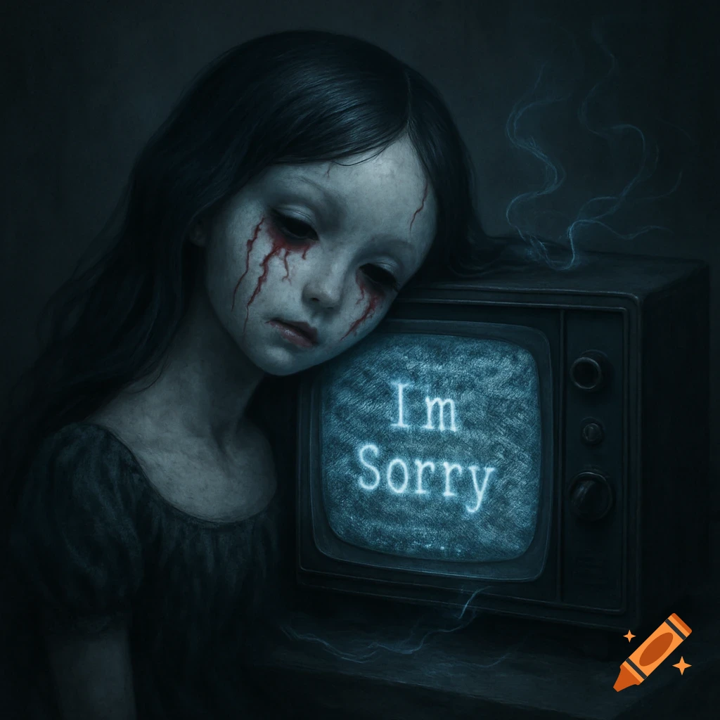 A pale, doll-like girl with black eyes and crimson tears leans on a CRT TV displaying 'I'm Sorry' with static in a dark, eerie setting.