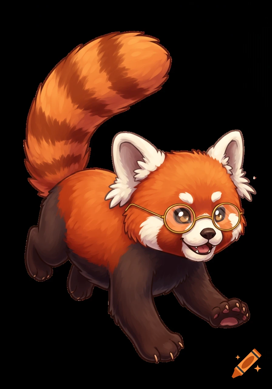 A cute, cartoon-style red panda wearing round glasses runs with a happy expression.