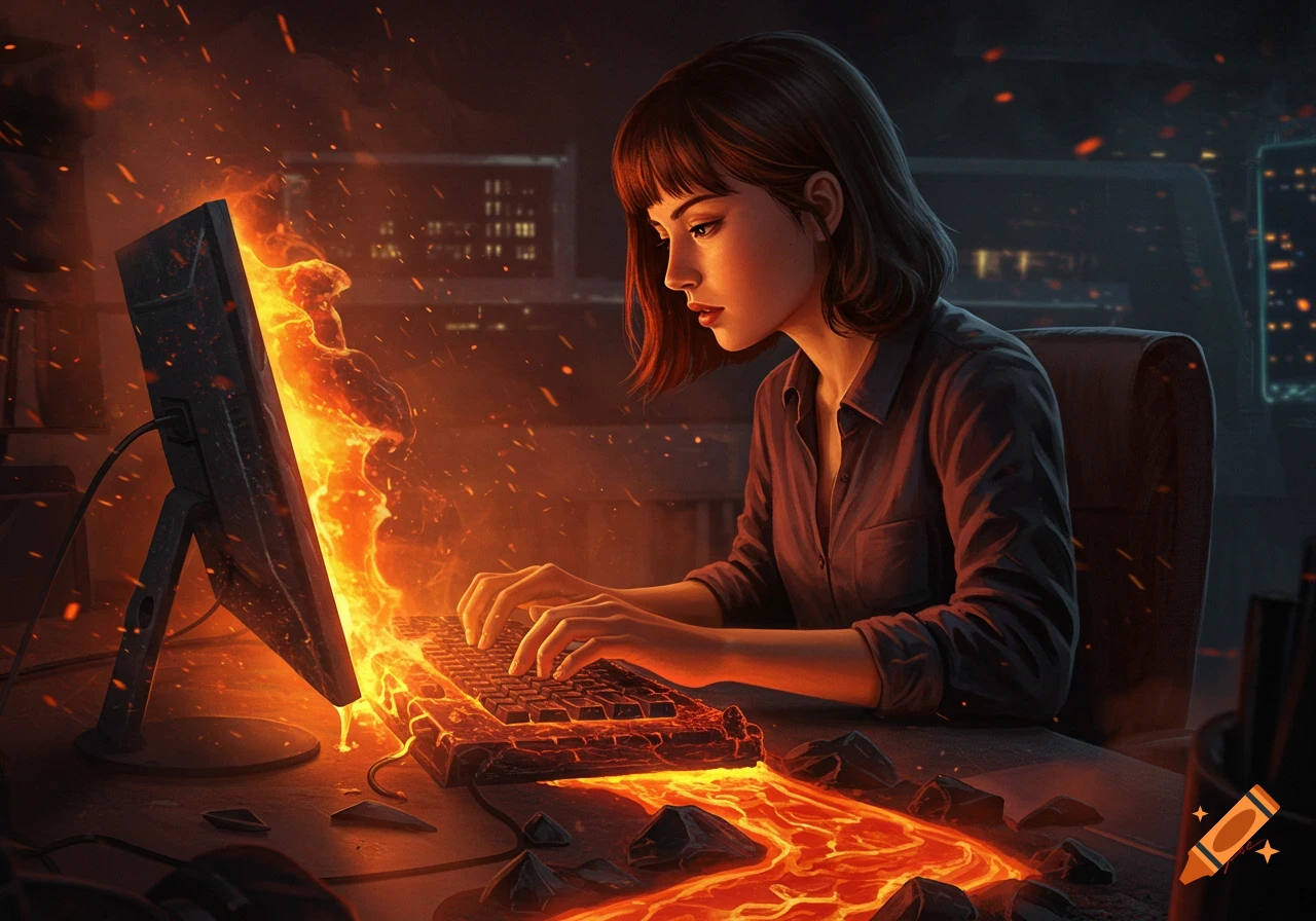 A woman types on a computer with the keyboard and monitor engulfed in lava and fire, digital art.