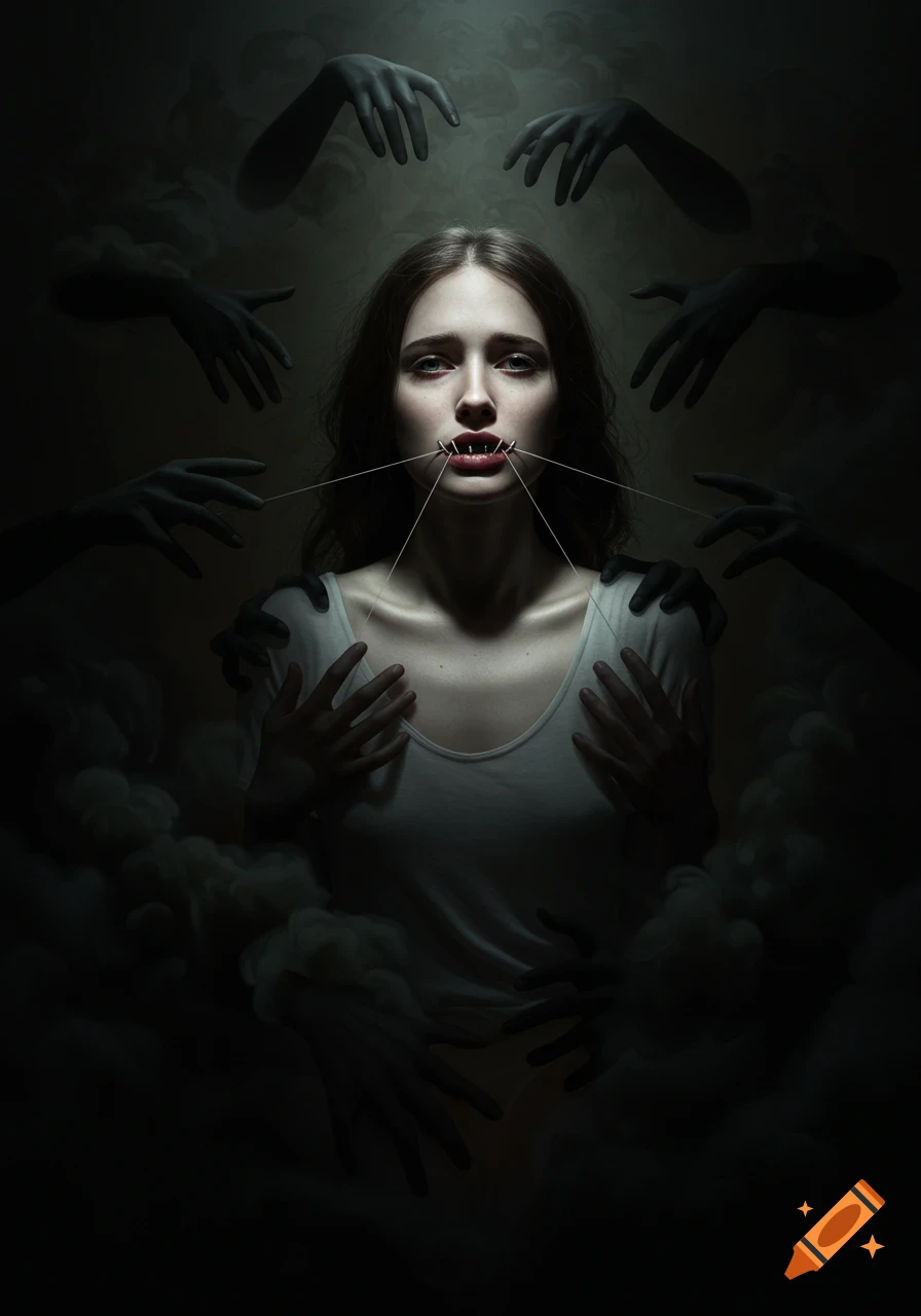 A surreal, dark art image of a woman with her mouth sewn shut by threads, surrounded by shadowy hands emerging from smoke.