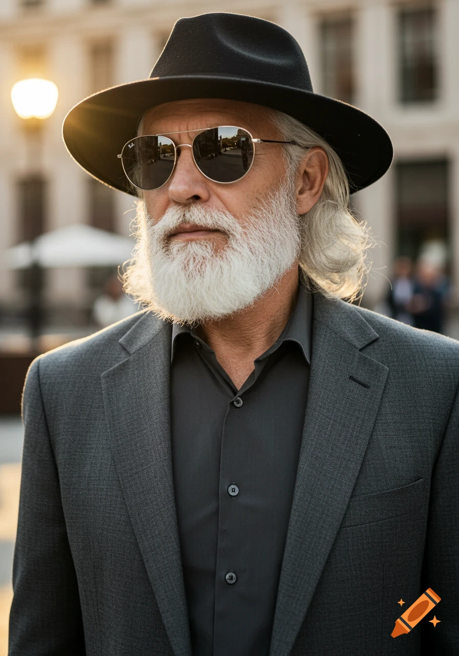 Photorealistic portrait of a stylish older man with a white beard and hair, wearing a black fedora, sunglasses, and a grey suit, bathed in golden sunlight.