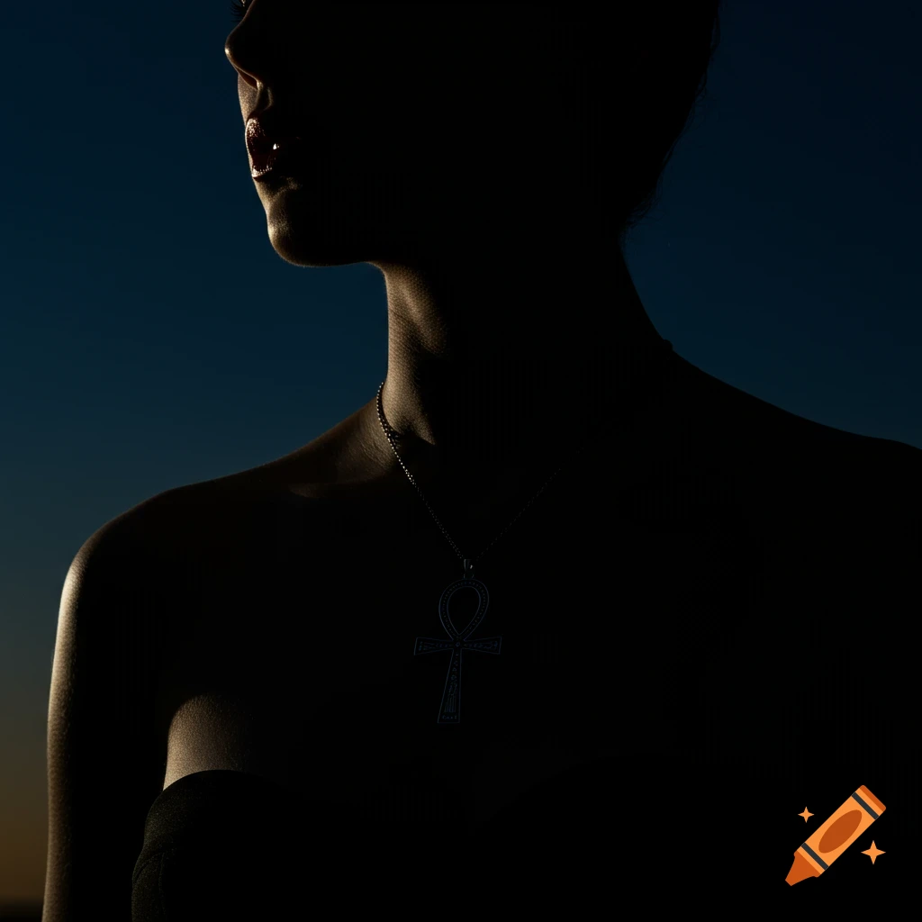 Silhouette of a person wearing an Egyptian Ankh necklace, with red lips, against a dark blue background.
