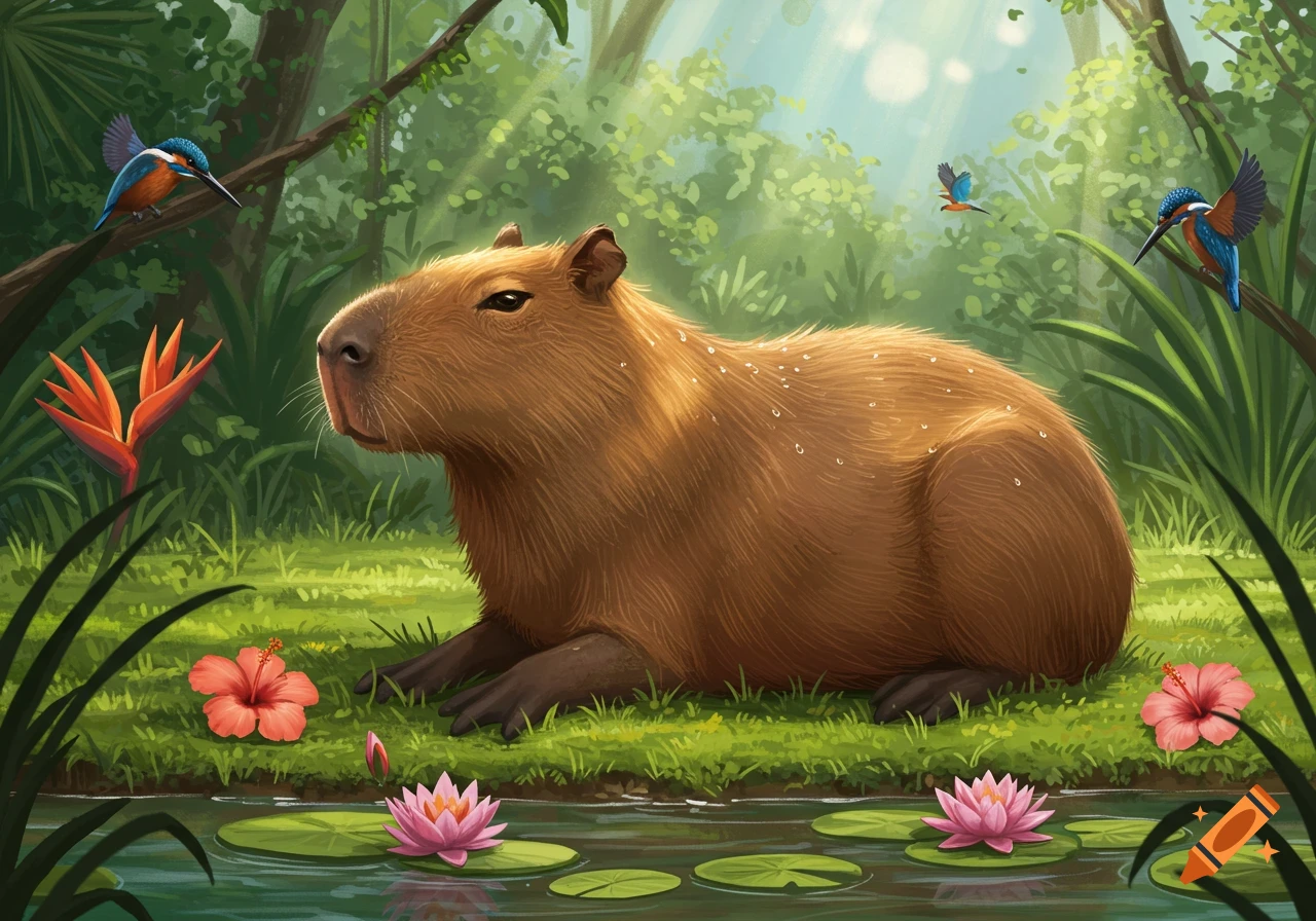 A large capybara rests by a stream in a lush jungle with water lilies, hibiscus flowers, and colorful birds in an illustration.