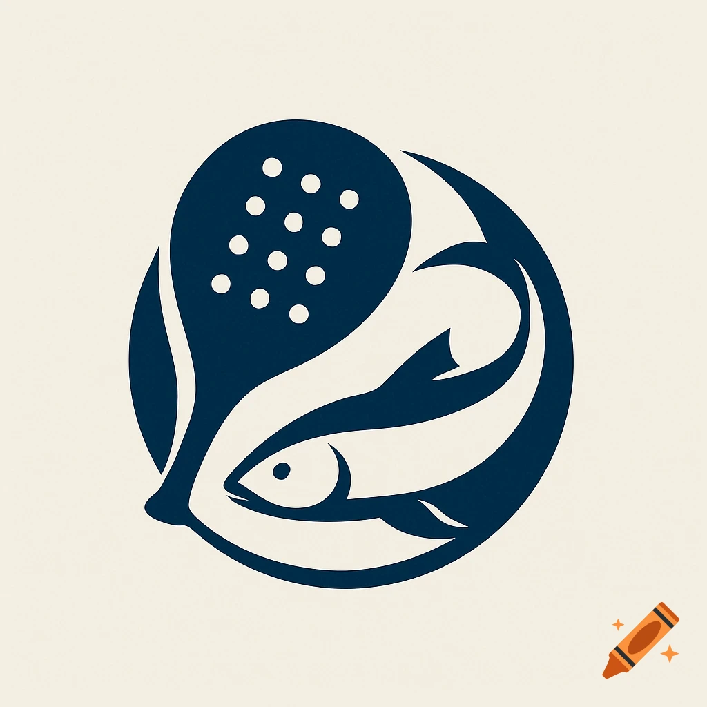 A minimalist dark blue logo featuring a padel racket and a fish integrated into a circular design on a light background.