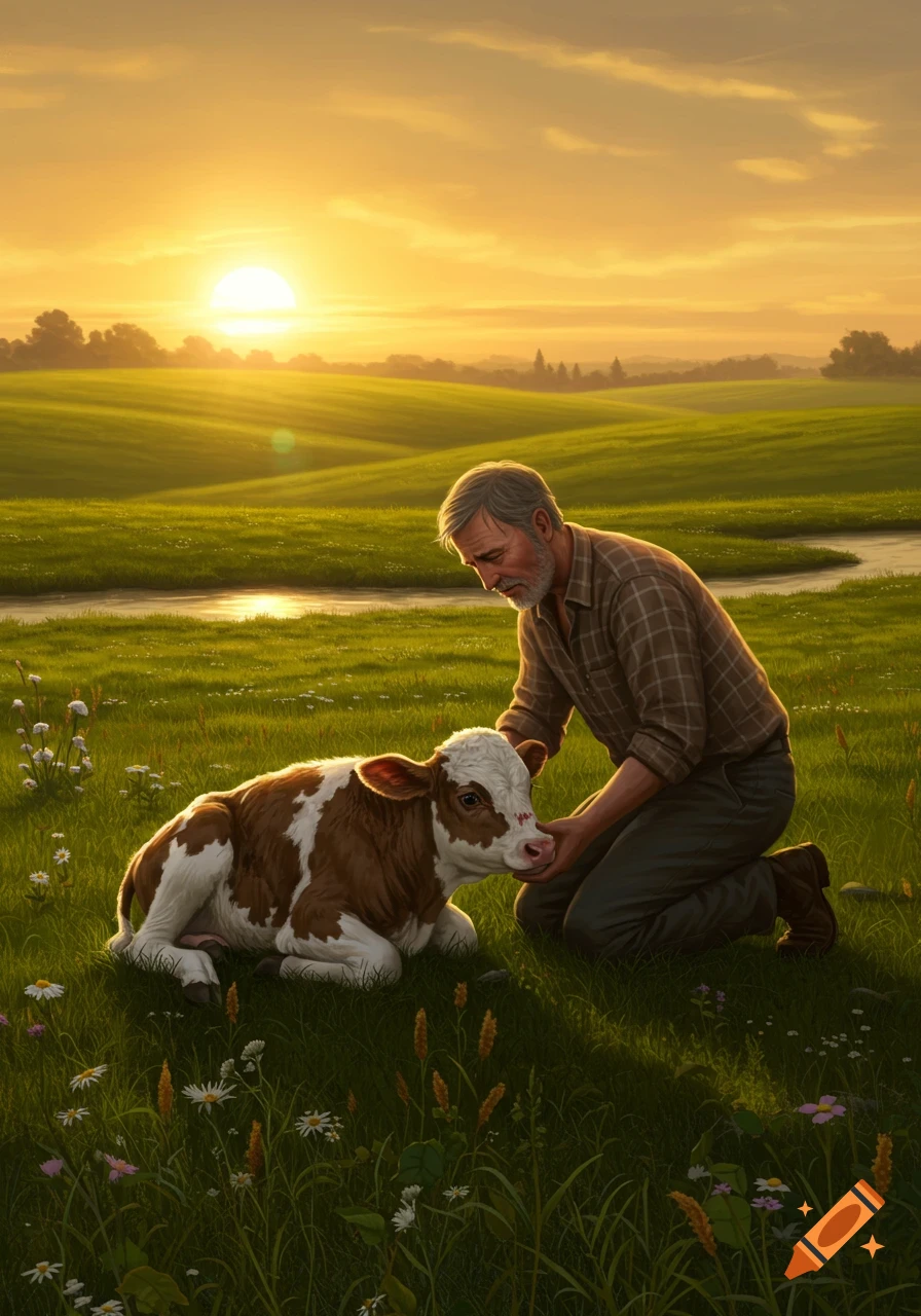 A farmer kneels in a sunlit grassy field, gently touching a brown and white calf, with a winding stream and sunset in the background.