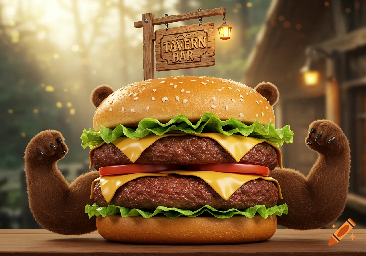 A photorealistic burger with bear ears and muscular arms flexing, standing on a wooden table in front of a rustic tavern sign that reads "TAVERN BAR".