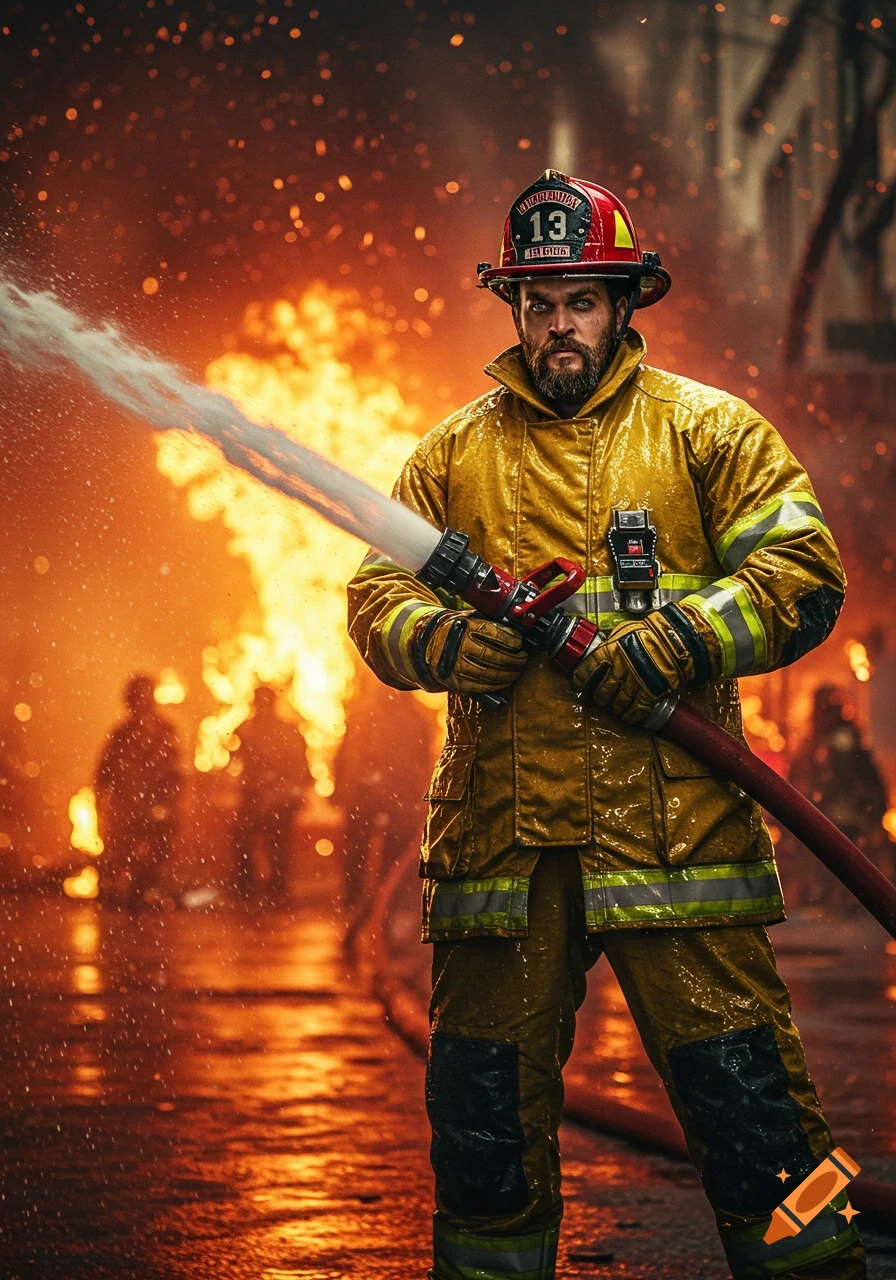 A rugged firefighter in a yellow suit and red helmet sprays water from a hose, standing against a fiery background with sparks in the air.
