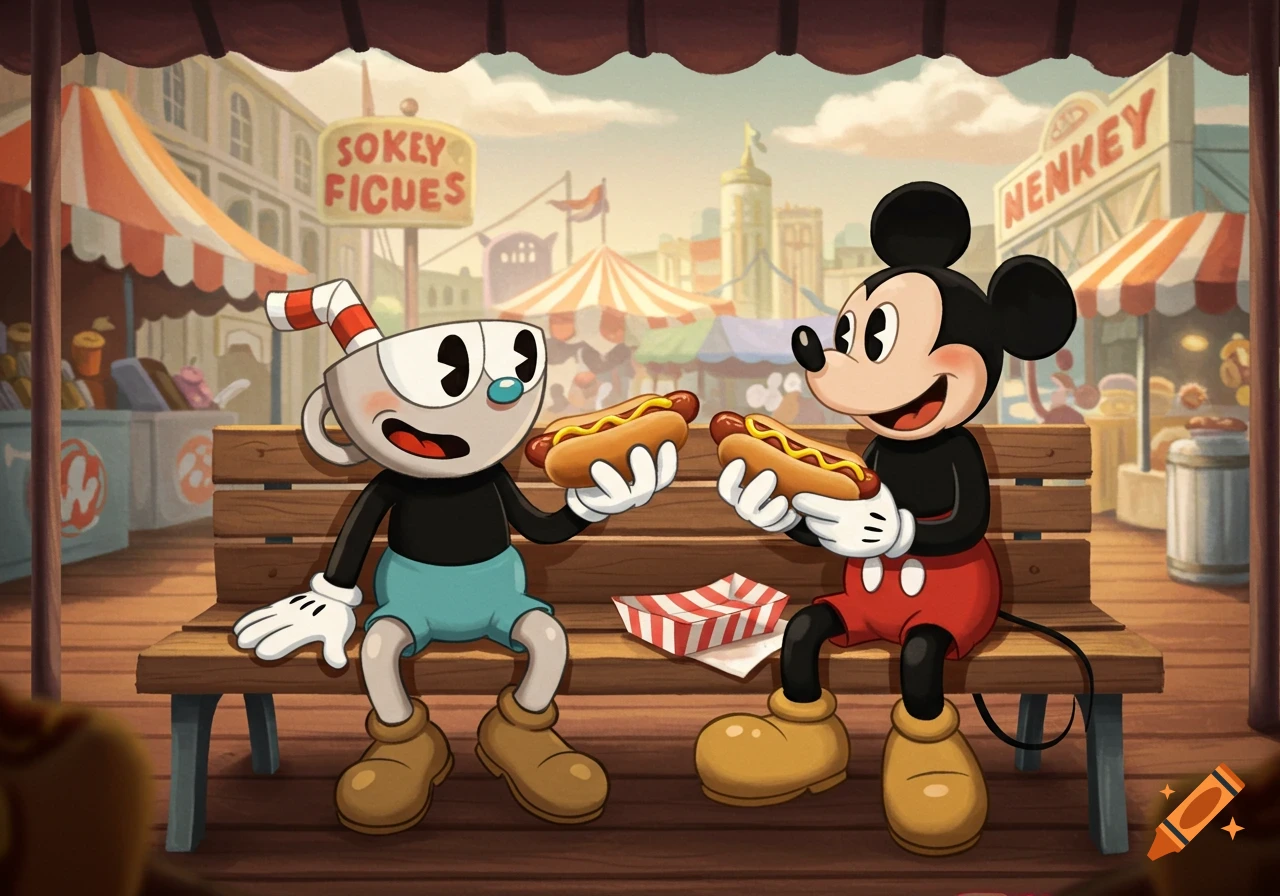 Cuphead and Mickey Mouse sit on a bench, happily eating hot dogs at a lively outdoor fair with shops and tents.