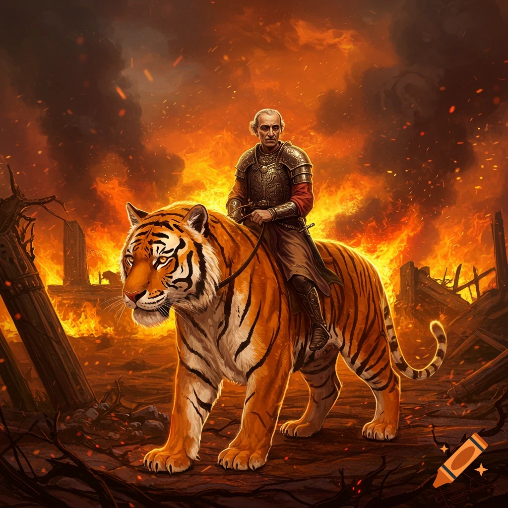 A man in golden armor rides a tiger through a dramatically burning and ruined landscape in a detailed illustration.