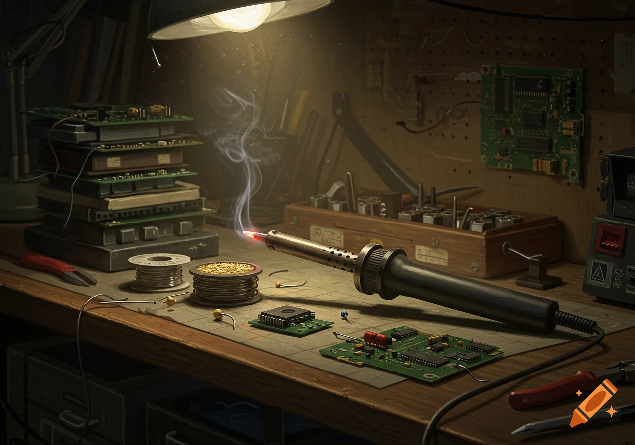 A glowing soldering iron with smoke on a cluttered workshop desk, surrounded by circuit boards, solder, and various tools.