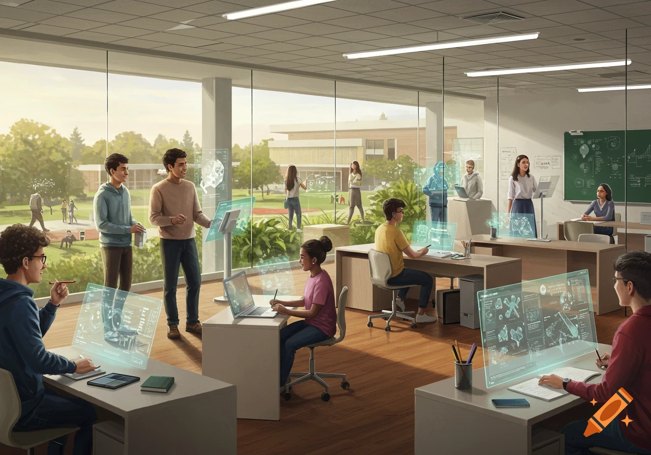 Diverse students in a modern classroom use holographic computers and laptops, learning and collaborating.