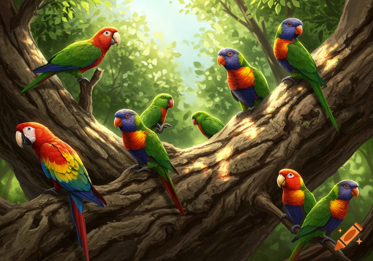 A group of colorful parrots with red, blue, green, and yellow feathers perch on a thick tree branch in a lush, sunny forest illustration.