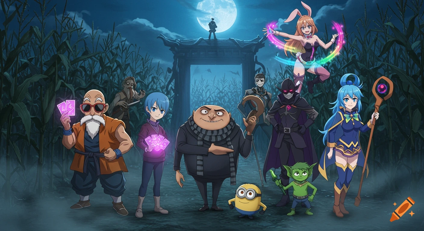 A diverse group of anime characters including Master Roshi, Gru, a Minion, and Aqua stand in a spooky corn maze under a full moon.
