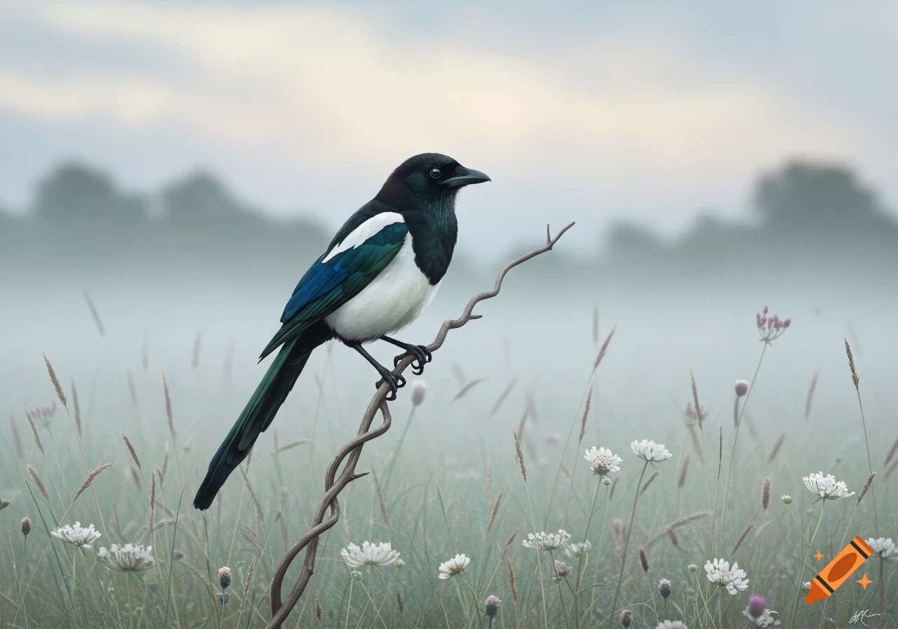 A magpie with black and white plumage and iridescent blue-green wing feathers perches on a twisted branch in a misty green field.