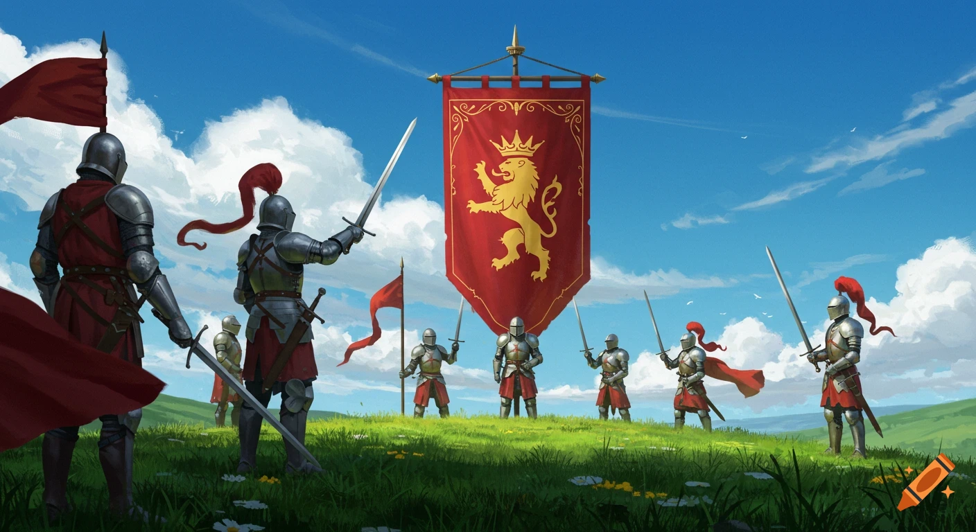 Knights in full armor stand in a grassy field with a large red banner featuring a golden crowned lion against a blue sky.