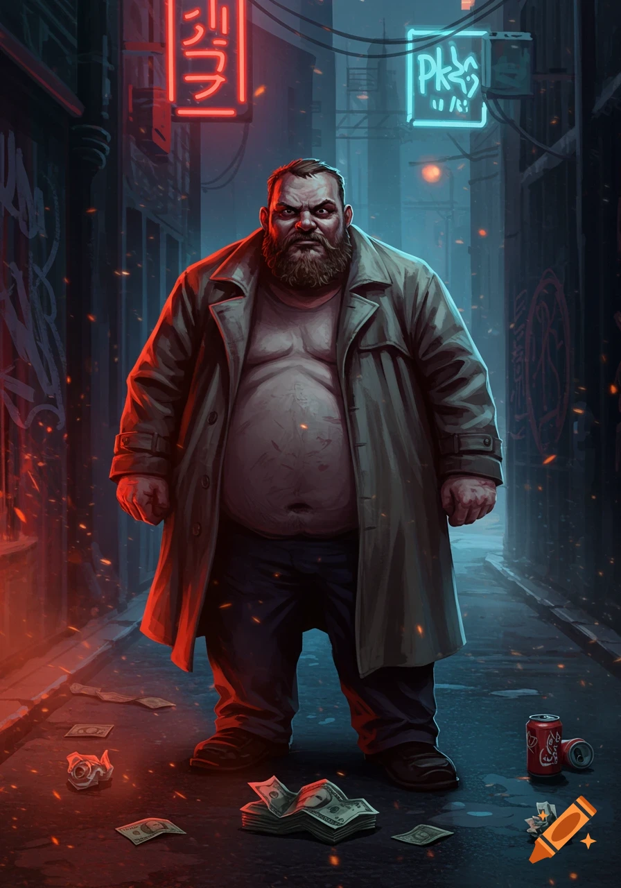 A burly, bearded man in an open trench coat stands in a dark, neon-lit cyberpunk alley with money scattered on the ground. Illustration style.