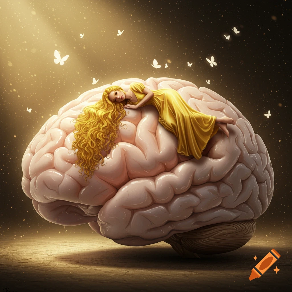A woman with long blonde hair lies on a giant brain with glowing butterflies and golden light, surreal art.