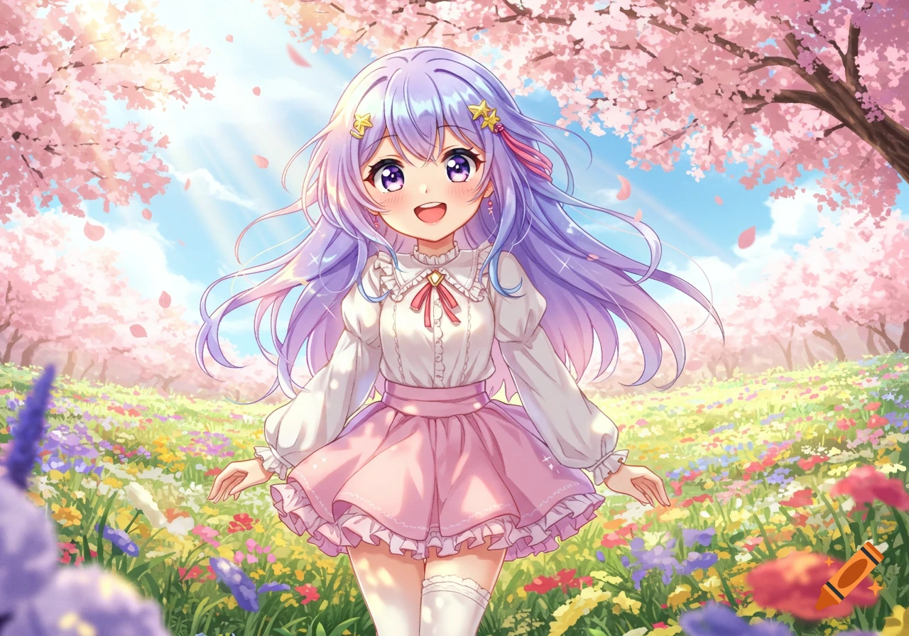 A cheerful anime girl with long purple hair and a pink dress smiles brightly in a vibrant field of colorful flowers under cherry blossom trees.