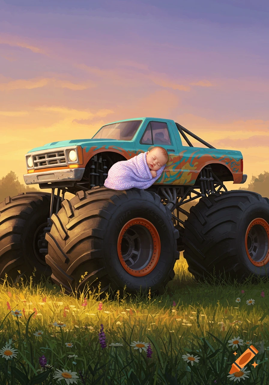 Illustrated sleeping baby wrapped in purple on a monster truck tire in a wildflower field at sunset.