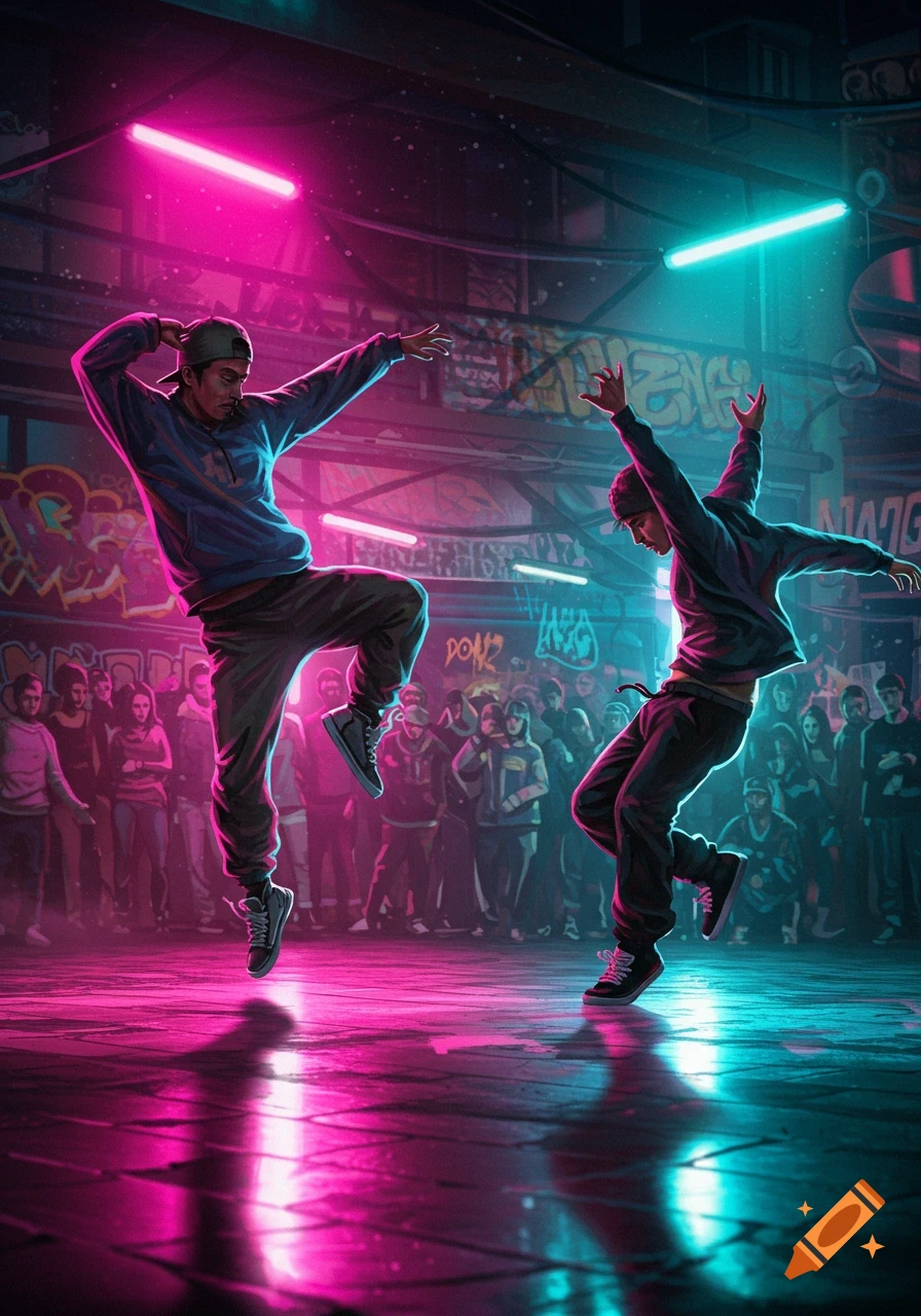 Two men breakdancing in mid-air poses, illuminated by vibrant pink and blue neon lights in a graffiti-filled urban setting with a crowd watching.