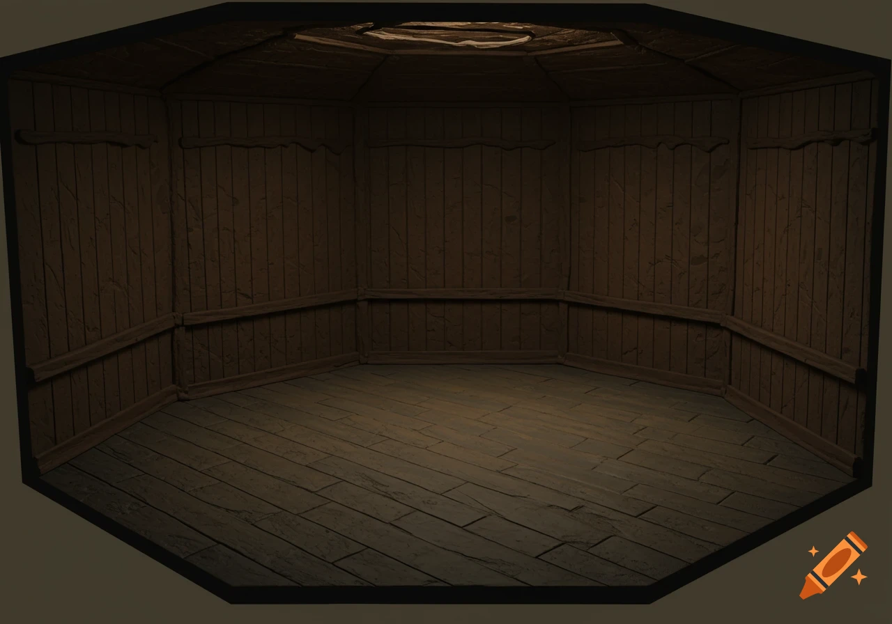 A dark, moody octagonal room with wood-paneled walls and a plank floor, in a stop-motion claymation style.