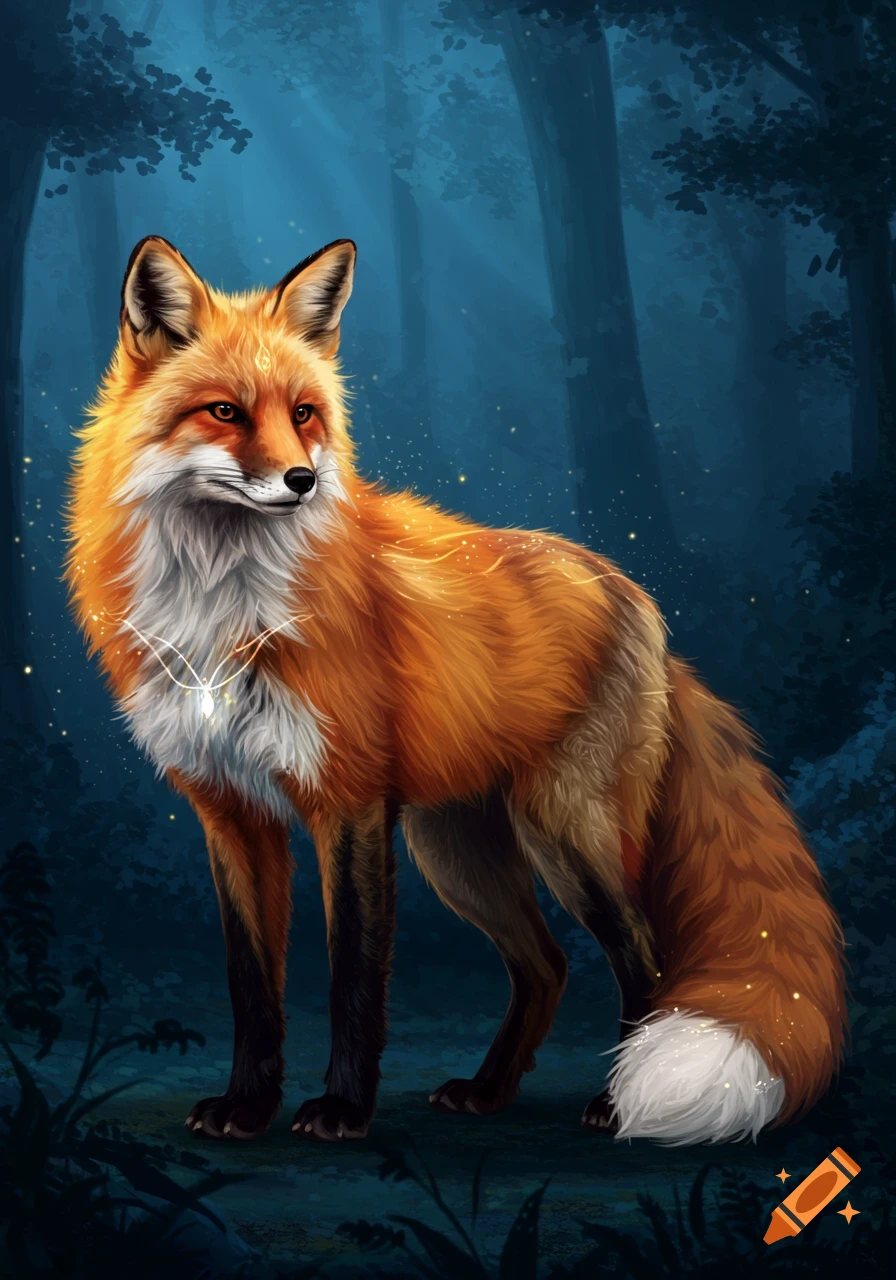 A mystical red fox with glowing fur and an ethereal amulet stands in a dark, magical forest, digital painting.