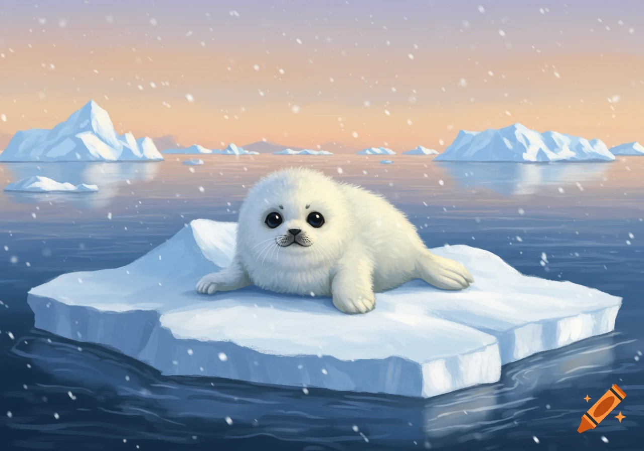 An illustration of a cute, fluffy white baby seal lying on an ice floe in a snowy Arctic ocean with distant icebergs.