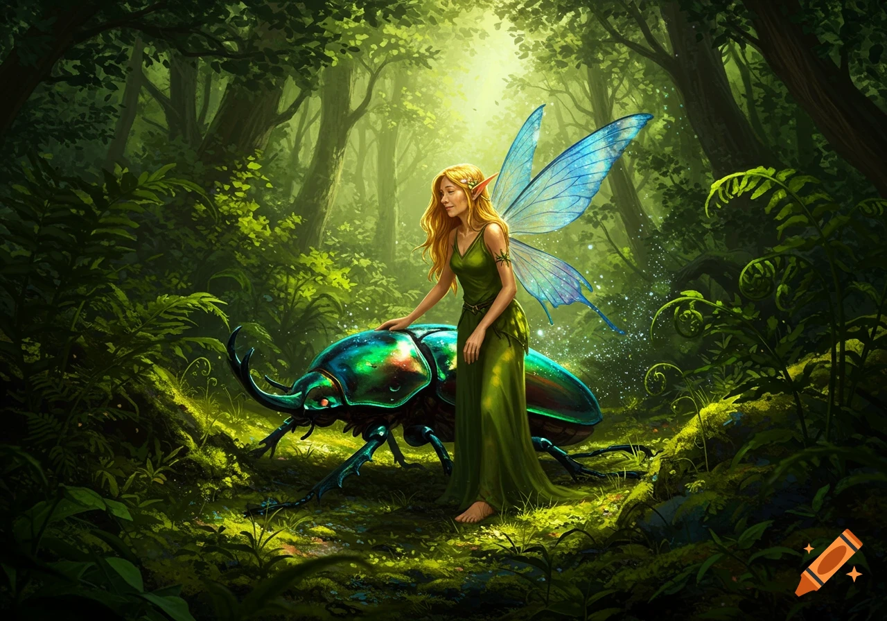 A blonde fairy in a green dress stands beside a large iridescent green beetle in a sunny, mystical forest.