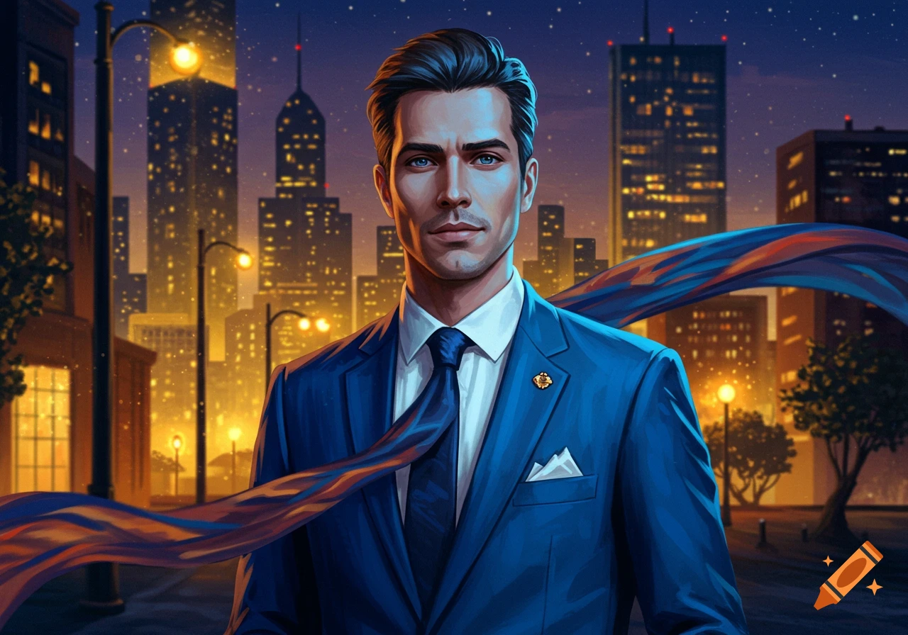 A man in a blue suit stands in front of a neon-lit city at night, with a colorful ribbon flowing behind him in a digital art style.