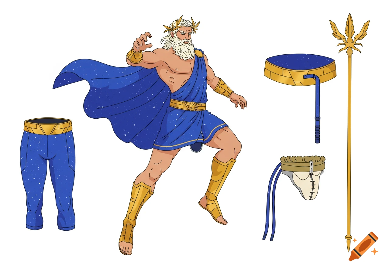 Cartoon illustration of Zeus in a blue starry toga and gold armor, with separate clothing items and a scepter.
