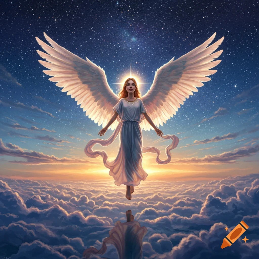 An angelic woman with large white wings and a flowing white dress floats above a sea of clouds under a starry sunset sky.