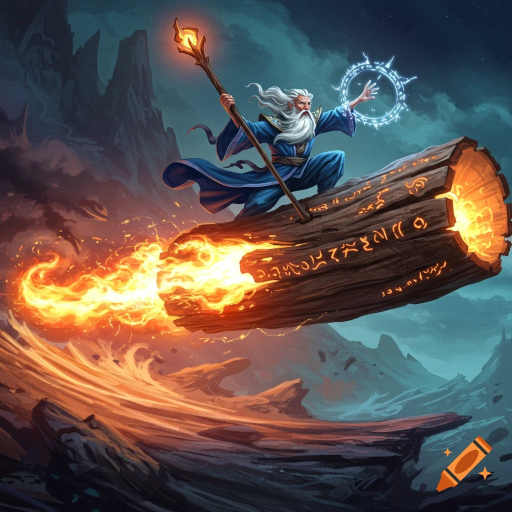 A powerful wizard with a white beard and blue robe surfs a flaming, arcane-carved log through a dynamic, mountainous landscape, wielding a glowing staff and casting a magical ring.