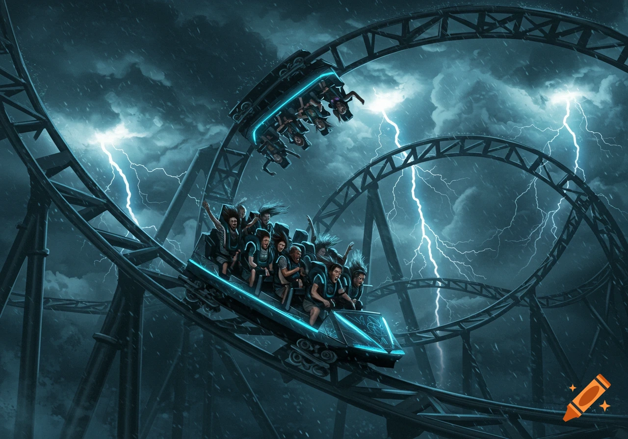 A thrilling rollercoaster ride with screaming passengers under a dark, stormy sky with bright lightning bolts.