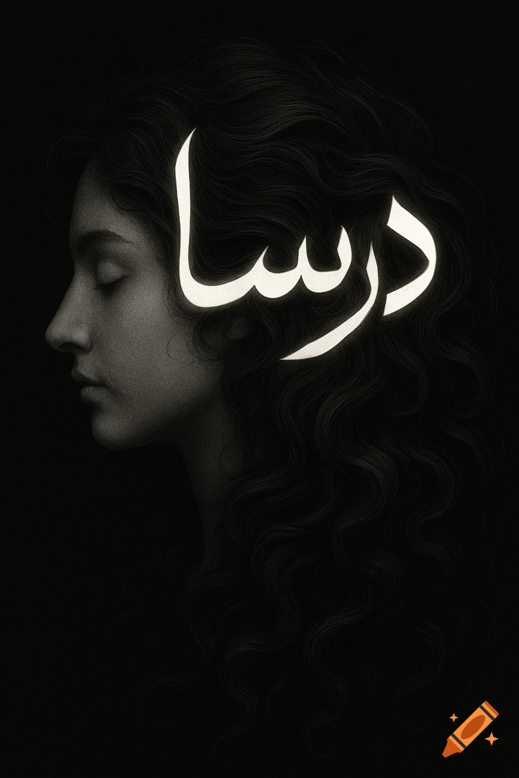 A dark art portrait of a woman in profile with elegant white Arabic calligraphy of 'Dorsa' glowing in her flowing dark hair.
