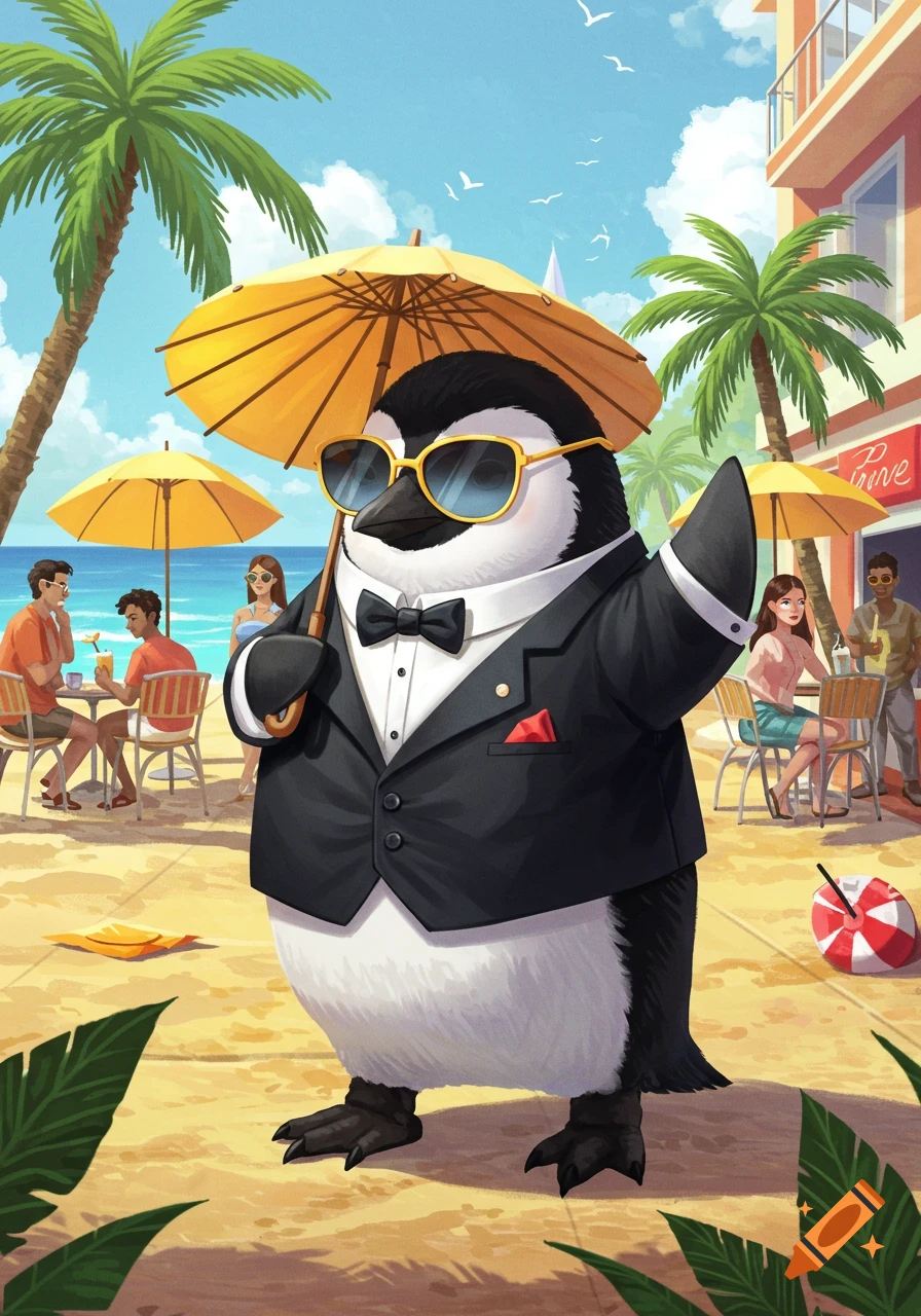 A penguin in a black tuxedo and sunglasses holds a yellow umbrella on a sunny beach with palm trees and a cafe.
