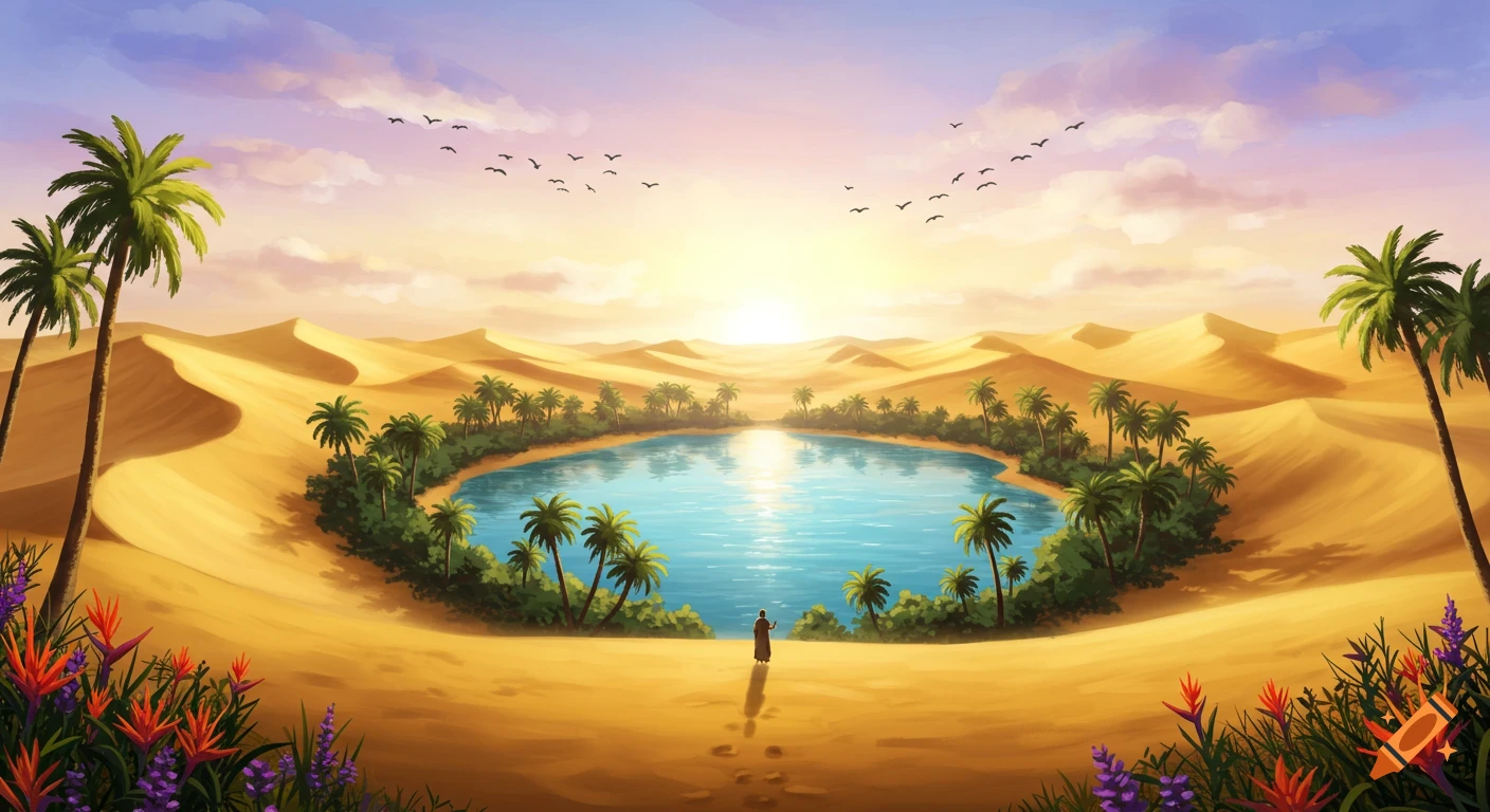 A vibrant desert landscape at sunrise with a large oasis surrounded by palm trees and a lone figure, vibrant flowers in the foreground.