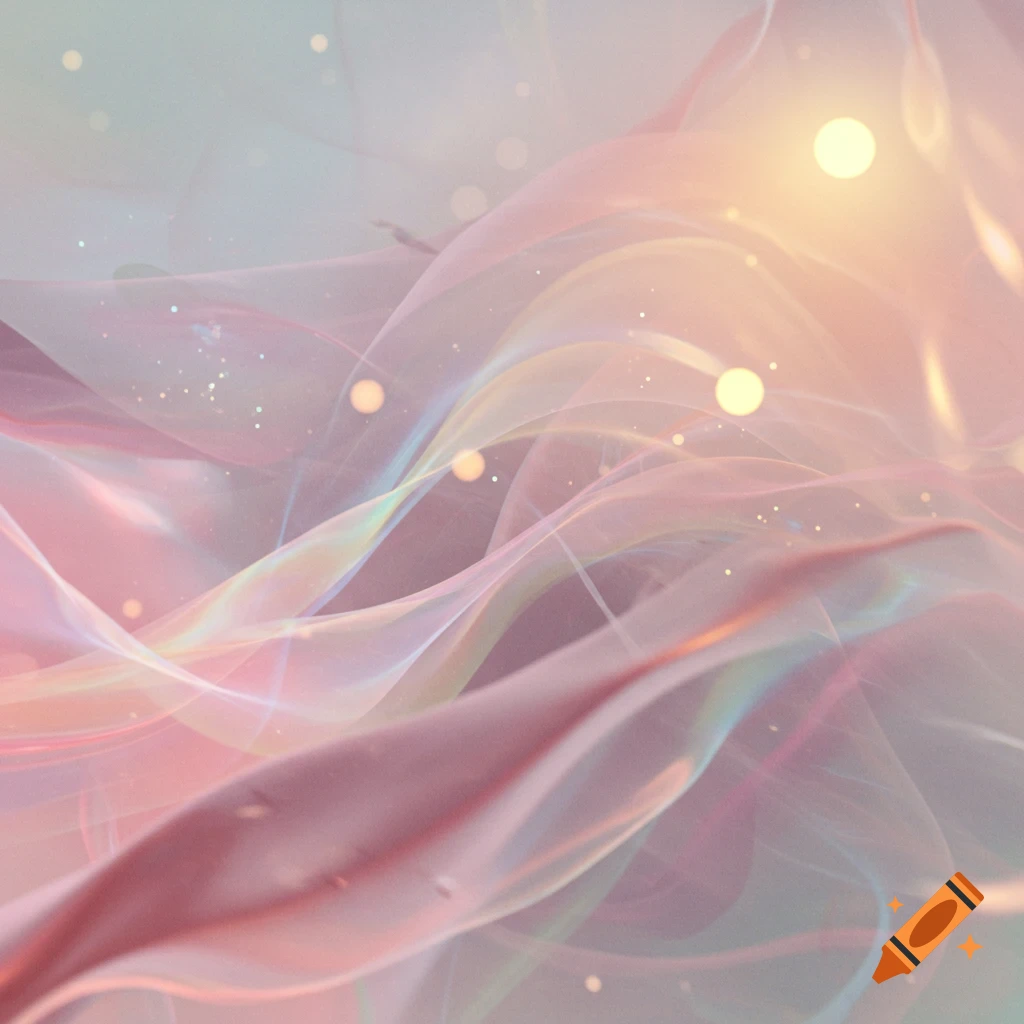 Ethereal abstract background with flowing pastel pink and blue translucent fabric-like forms, glowing orbs, and sparkling particles.