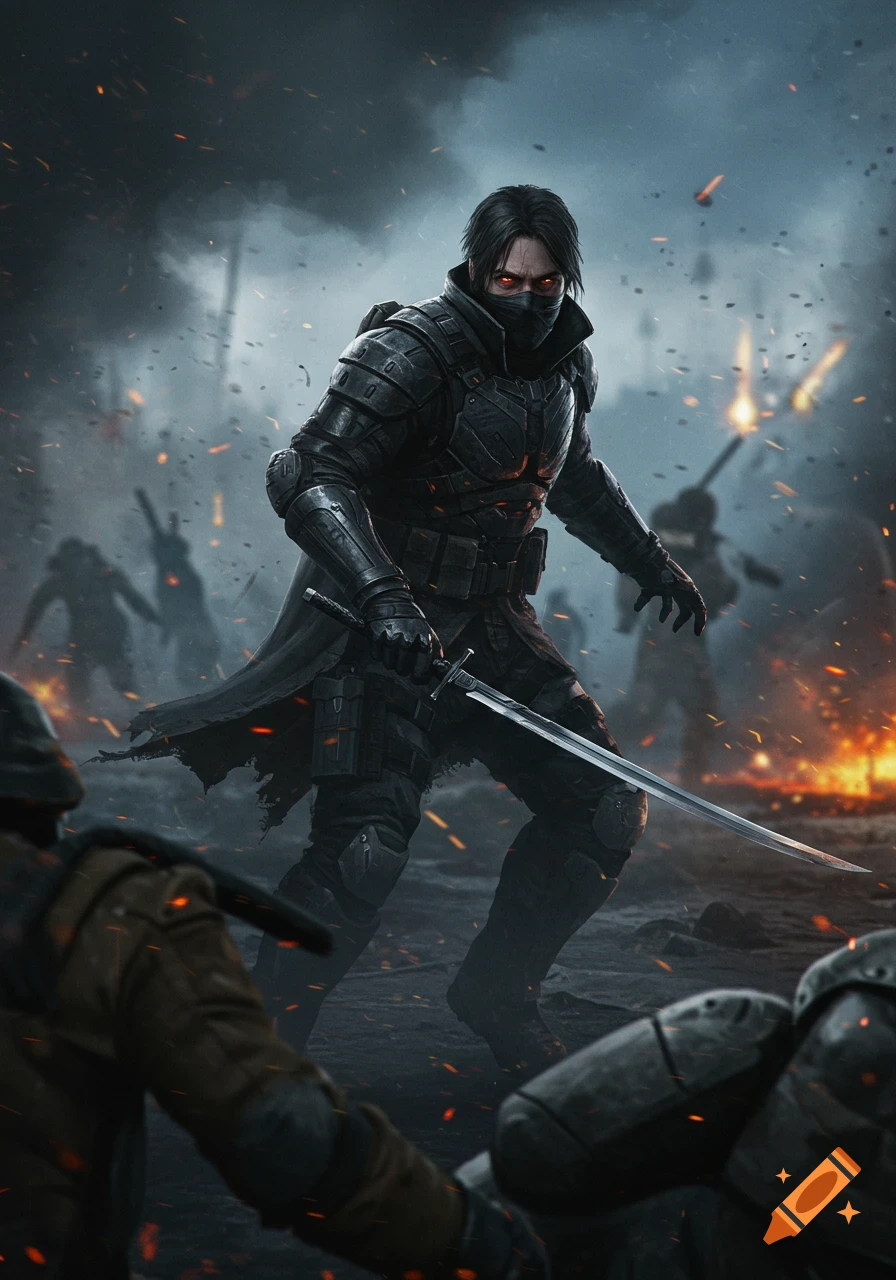 A dark-armored warrior with glowing red eyes and a sword battles amidst fire and smoke.