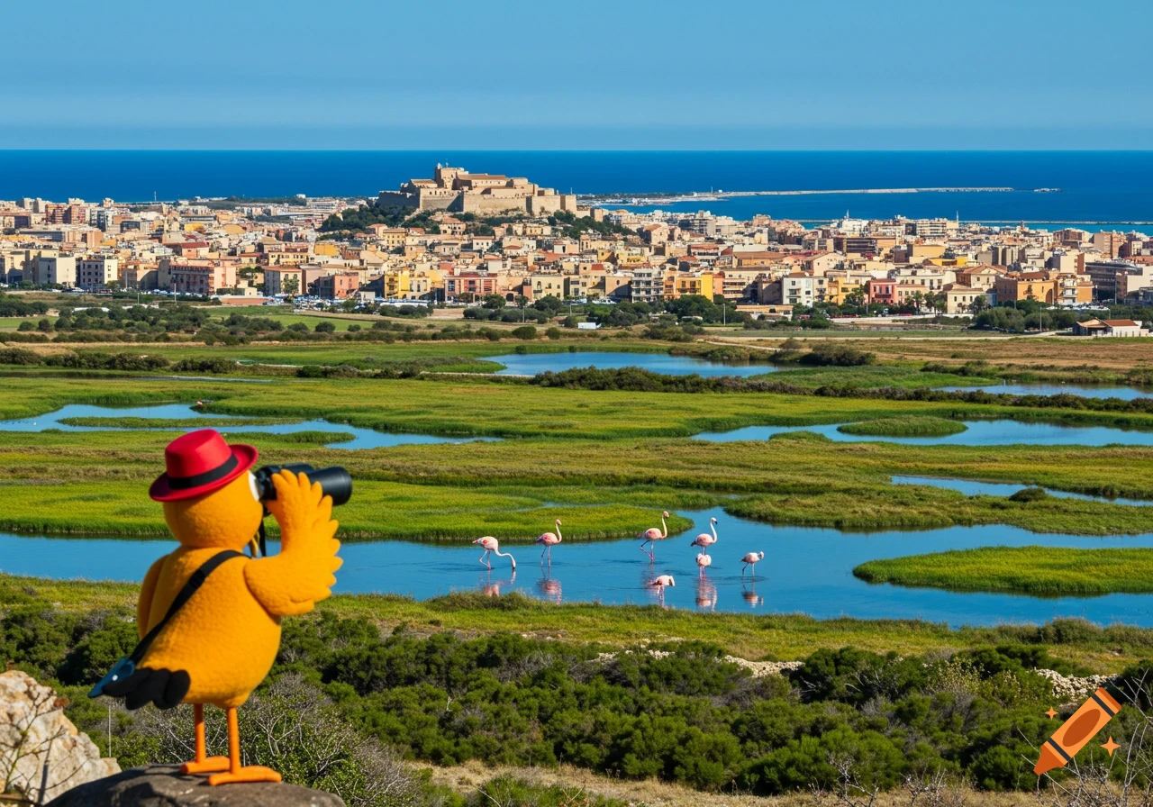A vibrant landscape featuring wetlands with flamingos, a colorful coastal city, and a cartoon bird with binoculars.