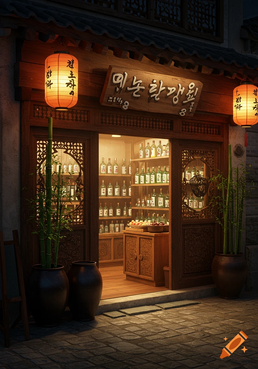 A photorealistic depiction of a warmly lit Korean liquor store at night with wooden facade, glowing lanterns, and shelves of bottles visible inside.