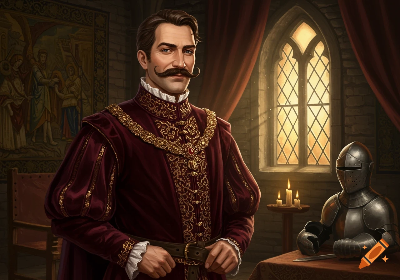 Man with a prominent mustache in elaborate red and gold medieval attire in a dimly lit castle room with a gothic window and armor.